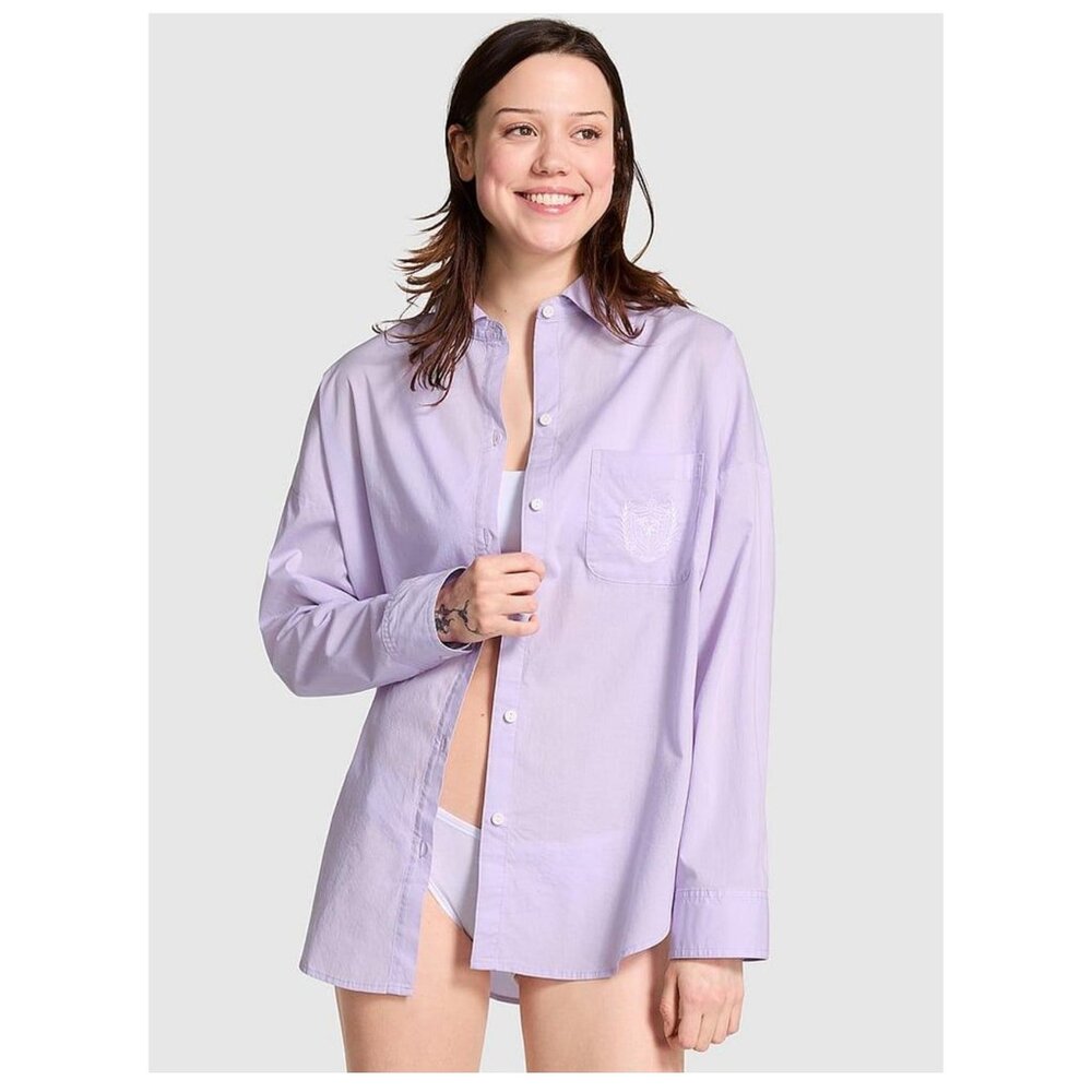 Victorias Secret Pink Womens Lavender Lilac Button-Up Shirt XL Long Sleeve Cotto
